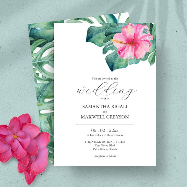 Wasserfarbe Tropische Blume Hochzeit im Grünen Einladung (Tropical watercolor flowers and palm leaves wedding invitations art by Victoria Grigaliunas)