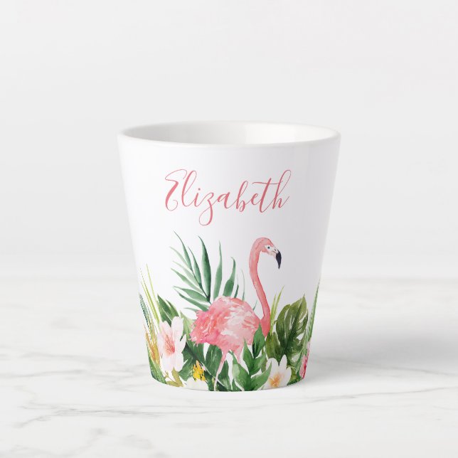 Wasserfarbe Tropische Blume Name Rosa Flamingo Milchtasse (Vorderseite)