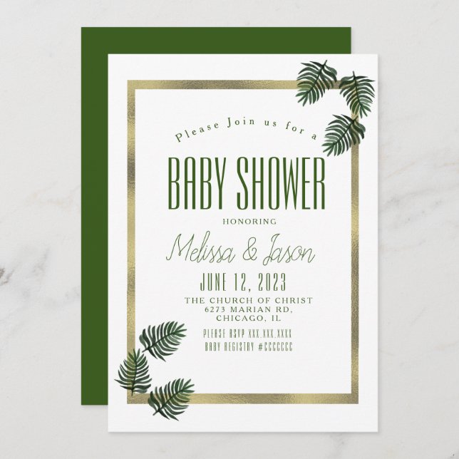 Wasserfarbe tropische botanische Foil Palm Babydus Einladung (Vorne/Hinten)