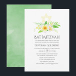 Wasserfarbe tropische Frangipani Bat Mitzvah Einladung<br><div class="desc">Sage grün,  gelb und weiß botanische tropische Frangipanis Fledermaus mitzvah Einladungskarten,  die schnell und einfach auf Ihre Event-Besonderheiten angepasst werden.</div>