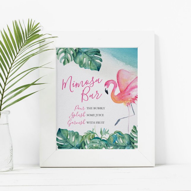 Wasserfarbe tropische Mimosa Bar Poster (Tropical mimosa bar sign watercolor pink flamingo & palm leaf by Victoria Grigaliunas DoTellABelle)