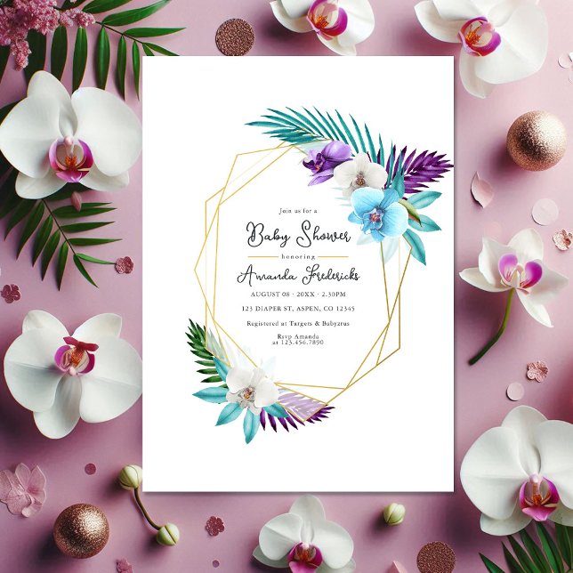 Wasserfarbe tropische Orchids Geometrische Babydus Einladung (Watercolor Tropical Orchids Geometric Baby Shower Invitation)