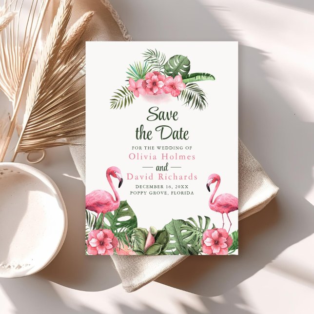 Wasserfarbe Tropischer Flamingo Save the Date Einladung (Watercolor Tropical Flamingo Save the Date Invitation on sunny boho table with dry palm leaf.)
