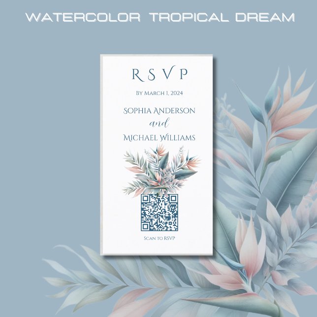Wasserfarbe Tropischer Traum-UAWG-QR-Code- Visitenkarte (Watercolor Tropical Dream Wedding RSVP QR code-Coastal-Pastel Colors)