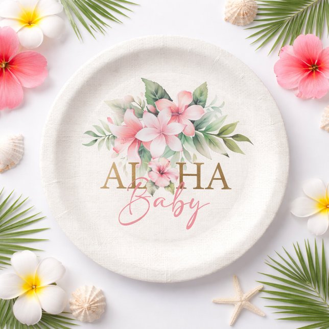 Wasserfarbe tropisches Rosa Blütendusche Aloha Bab Pappteller (Watercolor Tropical Pink Floral Aloha Baby Shower Paper Plates)