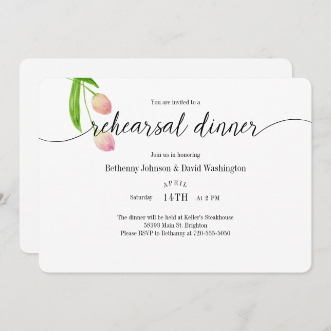 Wasserfarbe Tulip Probe Abendessen Einladung (Vorne/Hinten)