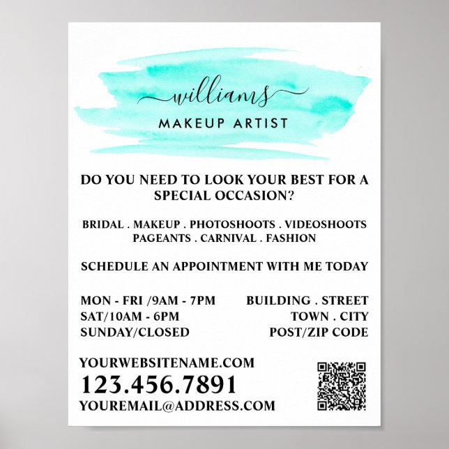 Wasserfarbe Türkis Pinselstrich Makeup Artist Poster (Vorne)