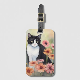 Wasserfarbe Tuxedo Katze mit Gerbera Daisy Blume Gepäckanhänger