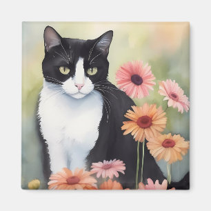 Wasserfarbe Tuxedo Katze mit Gerbera Daisy Blume Magnet