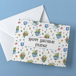 Wasserfarbe über die Miles Friend Happy Birthday Karte<br><div class="desc">Helle Aquarellblumen und Grünpflanzen in Teekannen und Teekuchen auf weißem Hintergrund. Diese Notenkarte wird mit einem Across the Miles Stil erstellt, kann aber mit der Vorlage einfach zu jedem anderen Anlass und Empfänger bearbeitet werden. Alles Gute zum Geburtstag, Freundschaftsnachricht in einem fantasievollen Schriftart schmückt die Vorderseite dieser 5"x7" Karte, innen...</div>