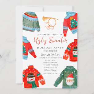 Wasserfarbe Ugly Sweater Feiertag Party Einladung