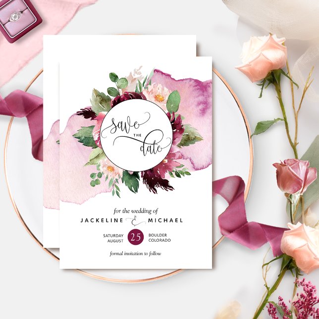 Wasserfarbe und Berry-Blush-Hochzeit Save The Date (Von Creator hochgeladen)