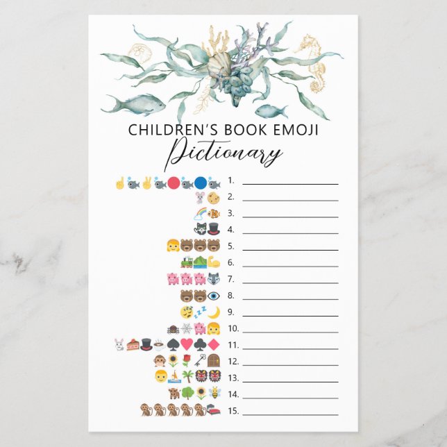 Wasserfarbe unter dem Meer Emoji Pictionary Game Flyer (Vorne)