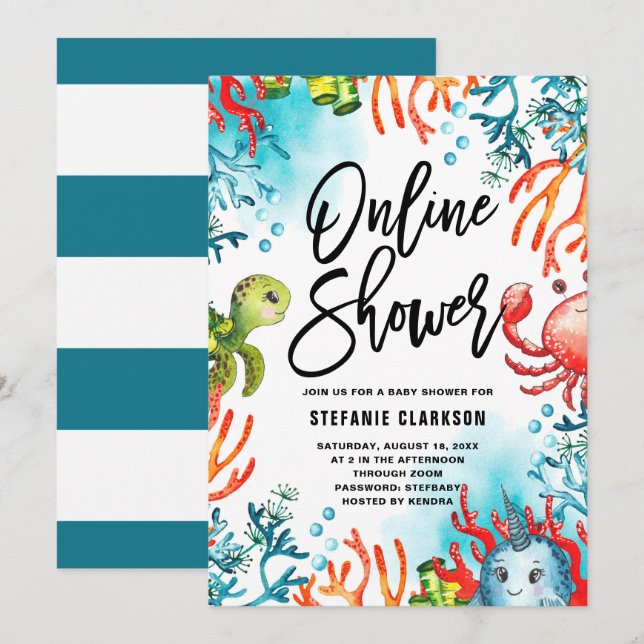 Wasserfarbe unter der Online-Kinderdusche des Meer Einladung (Vorne/Hinten)