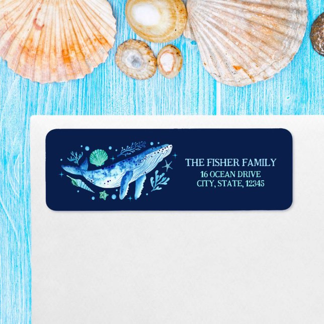 Wasserfarbe unter der Rücksendeadresse Blauer Wal (Watercolor Under the Sea Blue Whale Return Address Label)