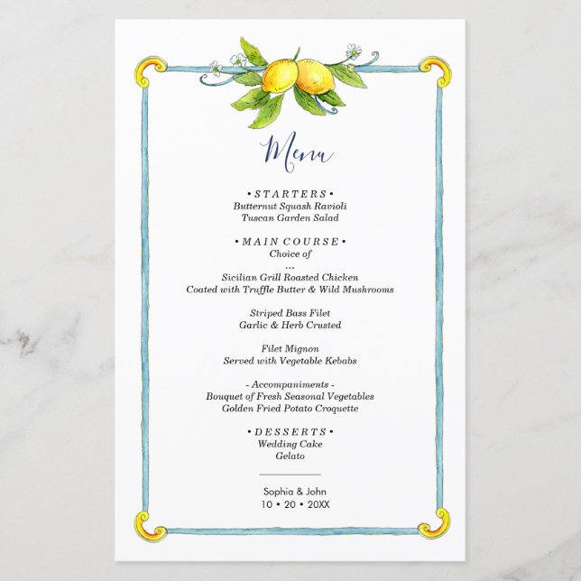 Wasserfarbe Vintag Lemon Zitrusfrüchte Hochzeitsme (Vorderseite)