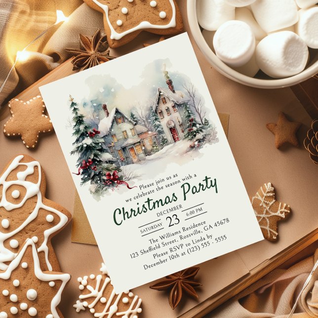 Wasserfarbe Vintage Landschaft Weihnachten Party Einladung (Make your holiday party unforgettable with our charming Christmas invitations—festive and personal!)
