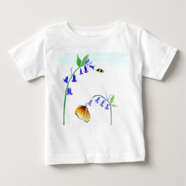 Wasserfarbe Virginia Bluebells mit Schmetterling Baby T-shirt (Vorderseite)