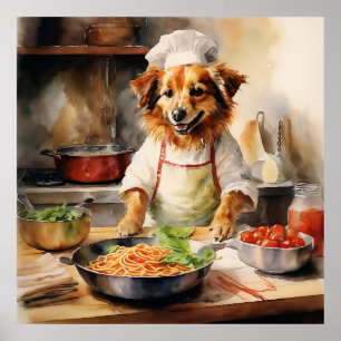 Wasserfarbe Volpino Italiano Dog Kochen Pasta Poster