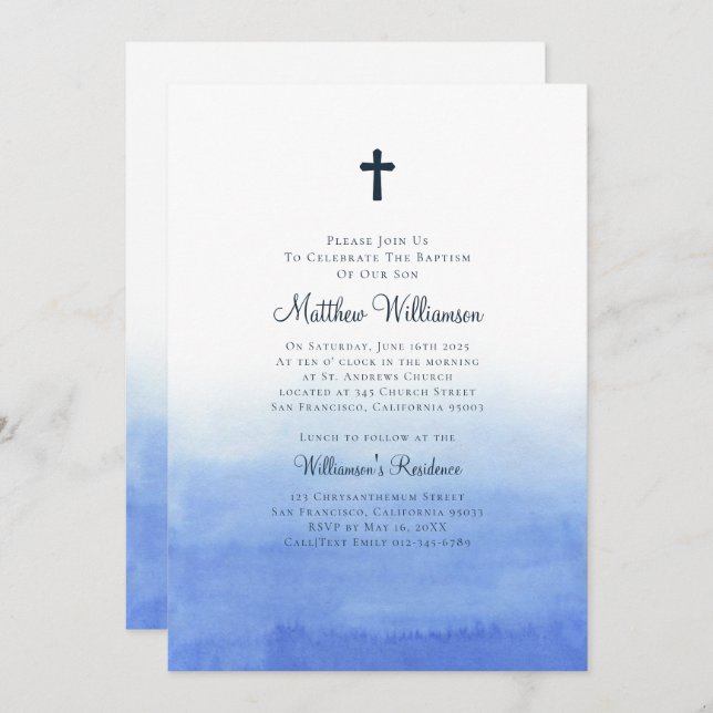 Wasserfarbe Wash Ombre Taufe Einladung (Vorne/Hinten)