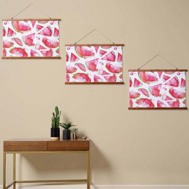 Wasserfarbe Wassermelone 1 Wandteppich Mit Holzrahmen (Asymmetrisch)
