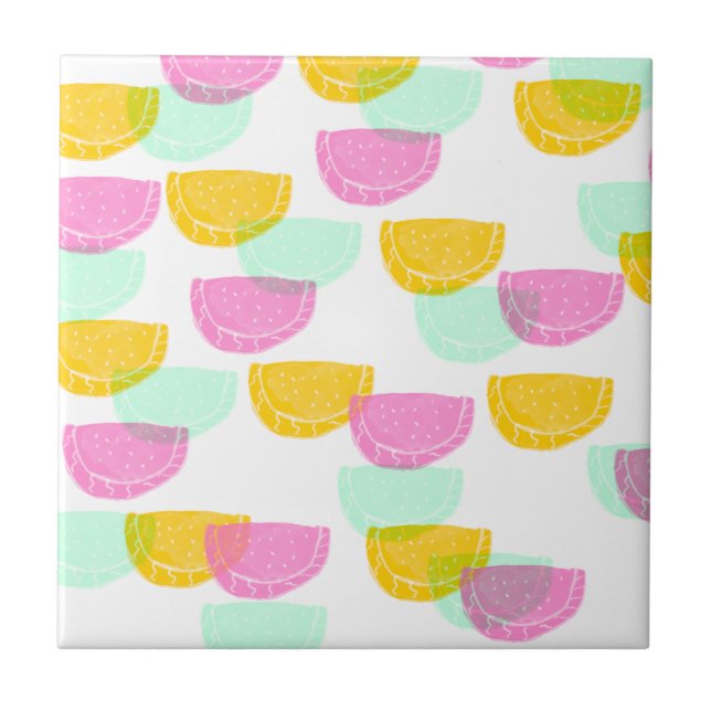 Wasserfarbe Wassermelone Rosa Gelbes Muster Fliese (Vorderseite)