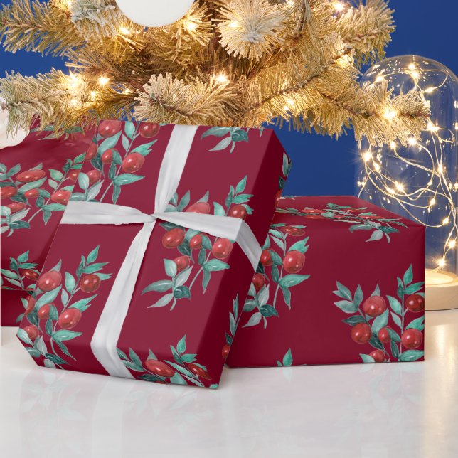 Wasserfarbe Weihnachten Rote Berries Burgund Geschenkpapier (Feiertage)