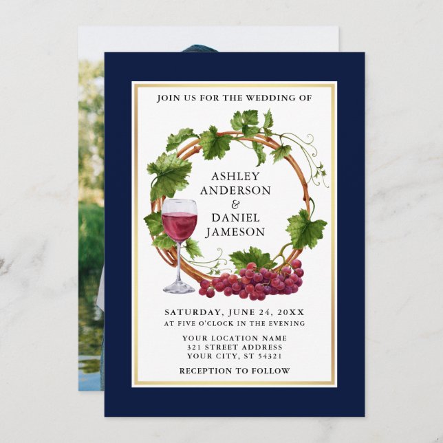 Wasserfarbe Weintrauben Foto Blaue Hochzeit Einladung (Vorne/Hinten)