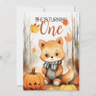 Wasserfarbe Weiß & Braun Fox Pumpkin 1. Geburtstag Einladung