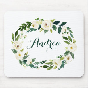 Wasserfarbe Weiße Blume und Blätter Wreath Script Mousepad