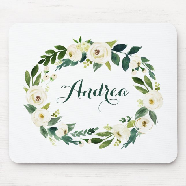 Wasserfarbe Weiße Blume und Blätter Wreath Script Mousepad (Vorne)