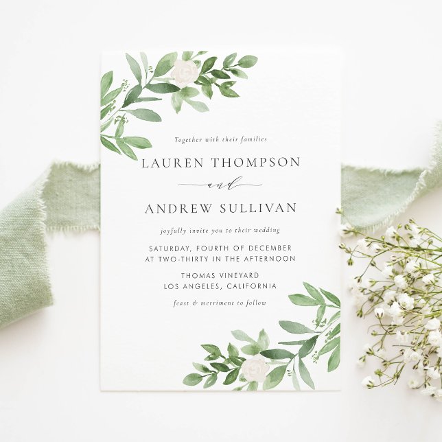 Wasserfarbe Weiße Blume und Grüne Hochzeit Einladungspostkarte (Watercolor White Flowers and Greenery Wedding Invitation Postcard)