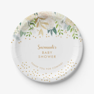 Wasserfarbe Weiße Flora + Goldkonfetti Pappteller