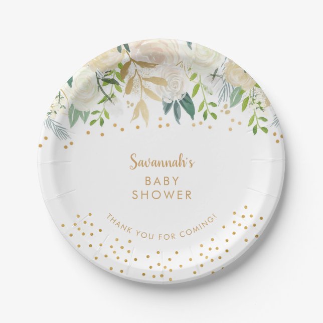 Wasserfarbe Weiße Flora + Goldkonfetti Pappteller (Vorderseite)