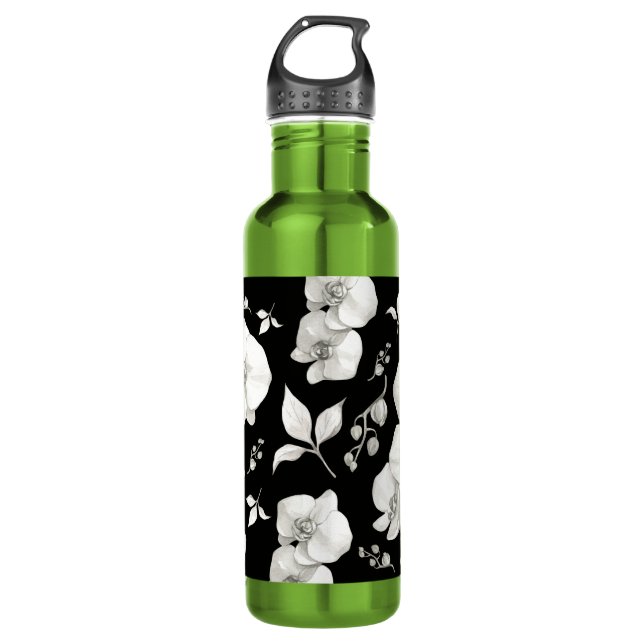 Wasserfarbe Weiße Orchidee, schwarz | Edelstahlflasche (Vorderseite)