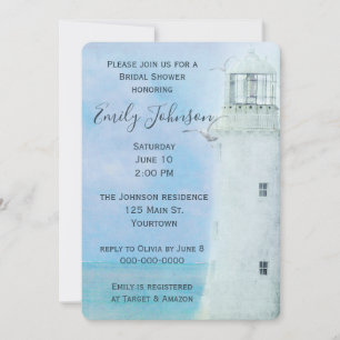 Wasserfarbe Weißer Leuchtturm und Möwen Einladung