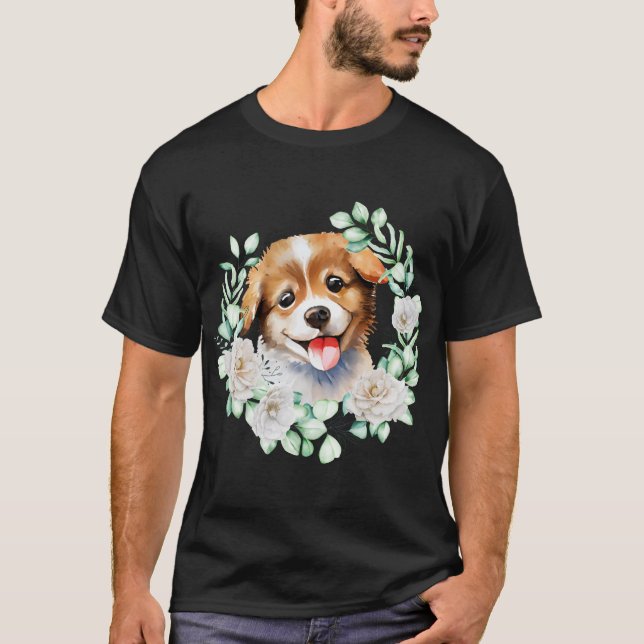 Wasserfarbe Welpe Liebe mit Weißen Rosen T-Shirt (Vorderseite)