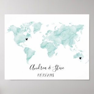 Wasserfarbe Weltkarte mit herausnehmbaren Herzen P Poster