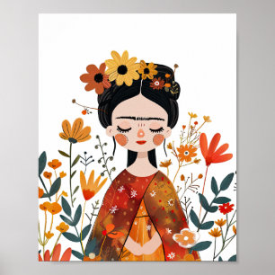 Wasserfarbe Whimsical Frida Kahlo mit Blume Poster