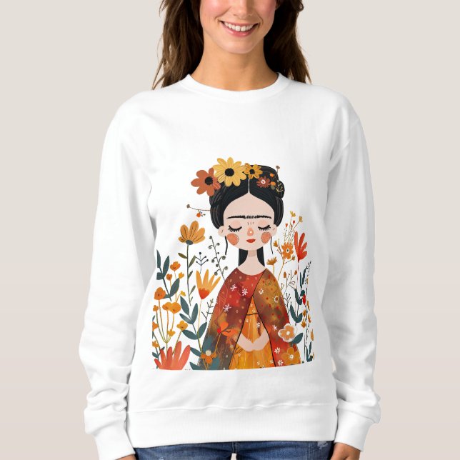 Wasserfarbe Whimsical Frida Kahlo mit Blume Sweatshirt (Vorderseite)