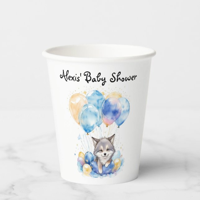 Wasserfarbe Whimsical Wolf Cub Babydusche Pappbecher (Vorderseite)