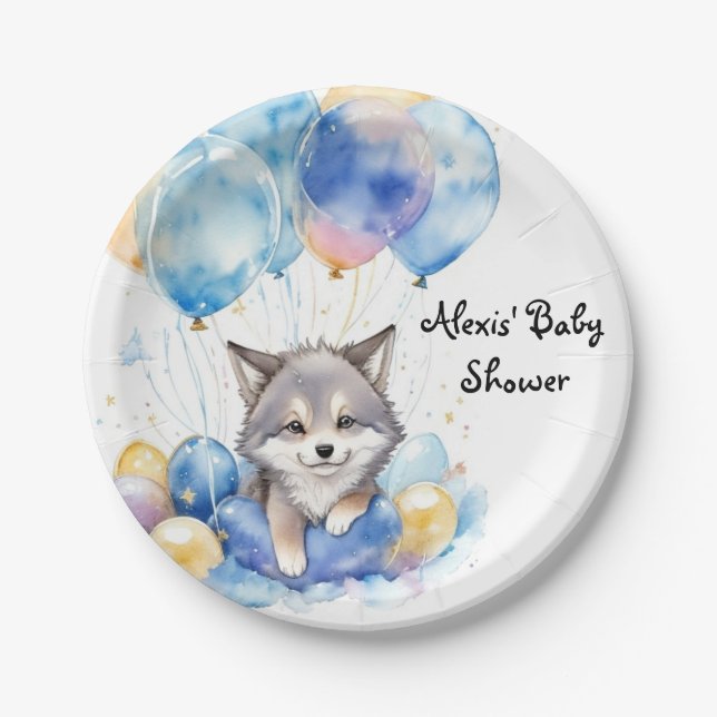 Wasserfarbe Whimsical Wolf Cub Babydusche Pappteller (Vorderseite)