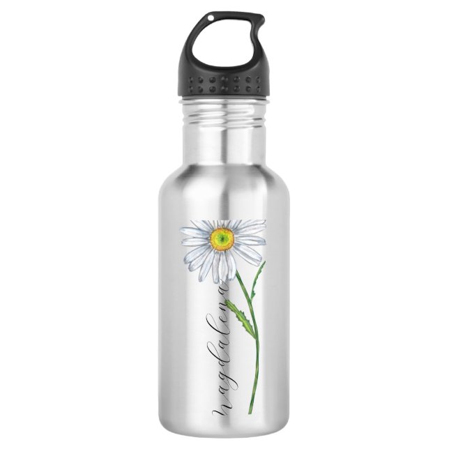 Wasserfarbe Wildblume Daisy Eleganter Skriptname Edelstahlflasche (Vorderseite)