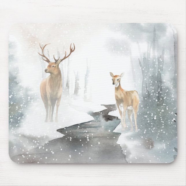Wasserfarbe Winter Hirschszene Mousepad (Vorne)