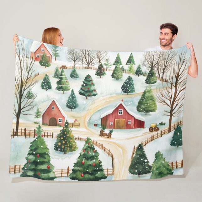 Wasserfarbe Winter Rustikale Landschaft mit Bäumen Fleecedecke (Beispiel)
