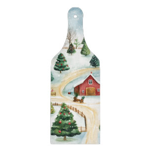 Wasserfarbe Winter Rustikale Landschaft mit Bäumen Schneidebrett