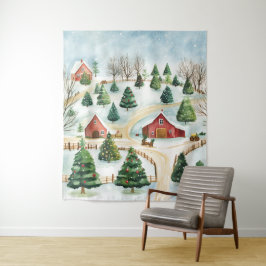 Wasserfarbe Winter Rustikale Landschaft mit Bäumen Wandteppich