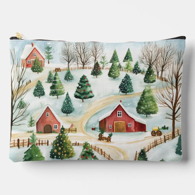 Wasserfarbe Winter Rustikale Landschaft mit Bäumen Zubehörtasche (Vorderseite)