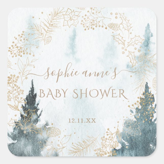 Wasserfarbe Winterlandschaft Gold Baby Dusche Quadratischer Aufkleber (Vorderseite)