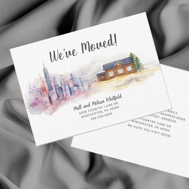 Wasserfarbe Wir haben Stadt in Land umgezogen Mitteilungskarte (We Have Moved City to Country Script Moving Announcement Notecard)